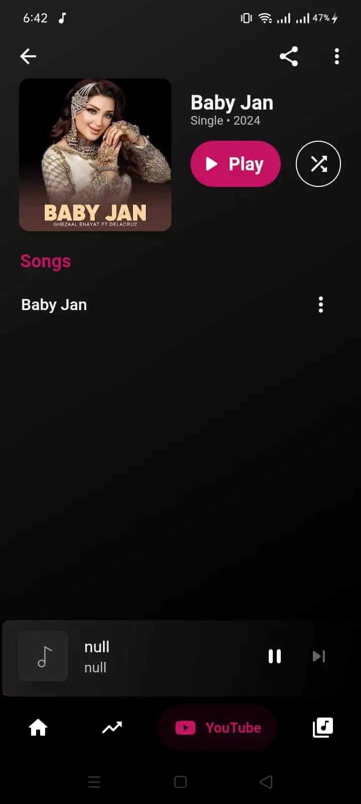 Youtify album page with playback controls