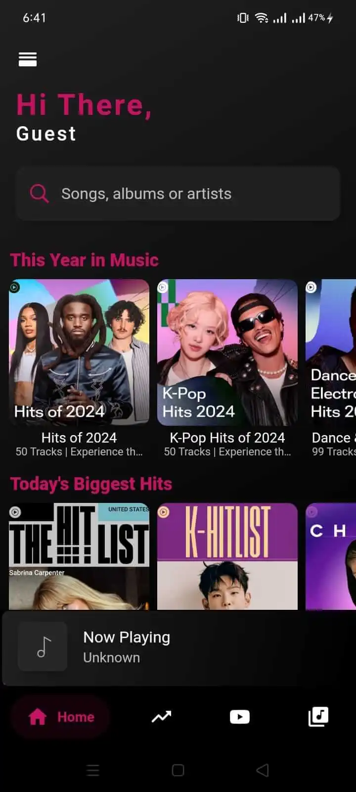 Youtify home screen with playlists and today's hits