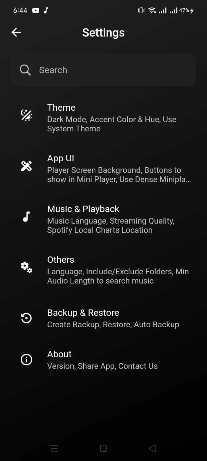 Youtify settings screen for theme and playback